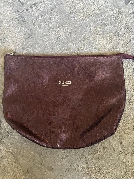GUESS Burgundy Monogram Zip Pouch with Gold Plaque