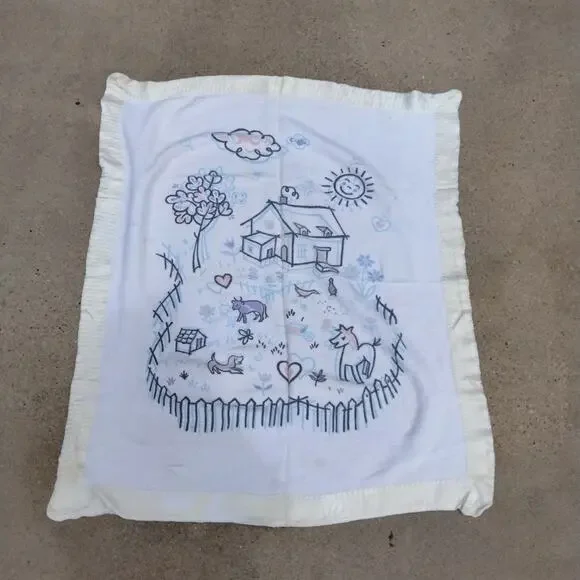 Vintage Cotton Baby Blanket Farm House Goose Cow Horse Dog 33x36