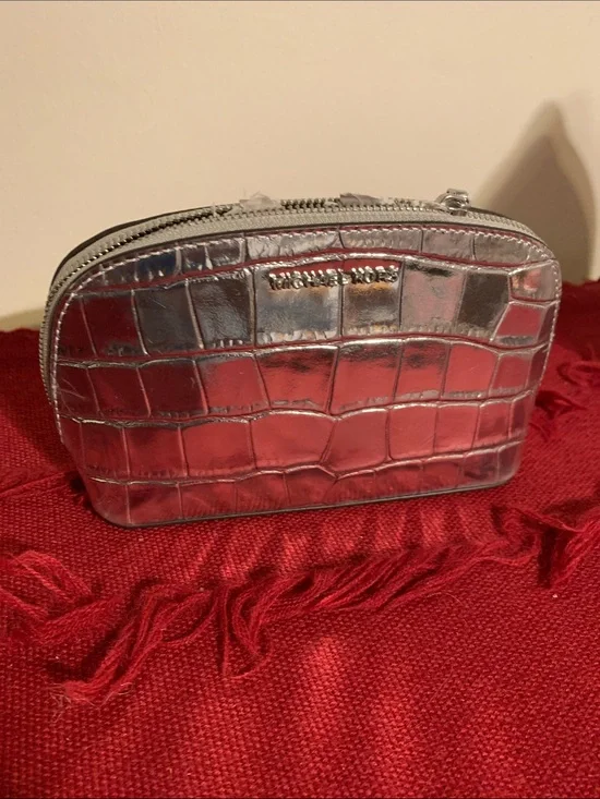 Michael Kors Metallic Silver Croc-Embossed Cosmetic Case