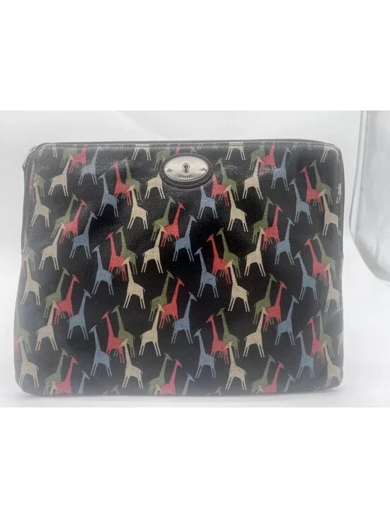 Fossil Key-Per Leather Giraffe Print Zip Pouch Makeup Bag Travel Organizer