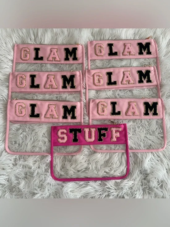 GLAM Clear Makeup Pouch with Chenille Patch Lettering - read description