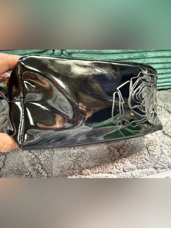 Glossy Black Patent Cosmetic bag with Floral Accent-Lancôme