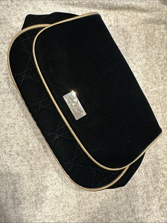 Dior Black Velvet Cosmetic Clutch with Gold Trim