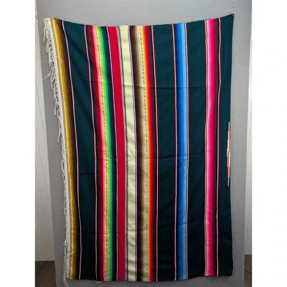 Vintage Mexican Saltillo Serape Blanket 84x62‎ Cotton Multicolor Striped Fringed