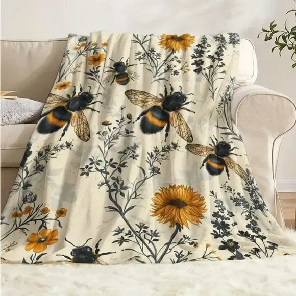 Bee & Wildflower Sunflower Digital Print Lightweight Fleece Blanket 50