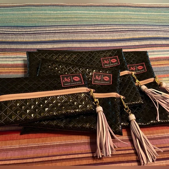 Makeup Junkie Bags Black Quilted Cosmetic Pouch with Pink Tassel