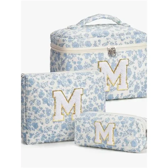 NEW Monogram Floral Blue Cosmetic Bag Set - M Initial