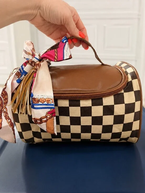 NEW Check Travel Train Case Cosmetic Organizer Vanity Bag + Silk Scarf Tassle