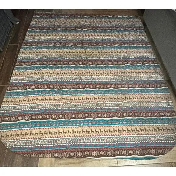 VTG Twin Size Western Aztec Quilt Blanket Throw‎ Turquoise Brown Southwest USA