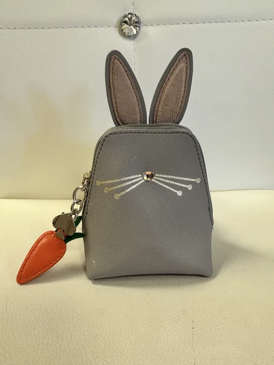 kate spade Gray Bunny Ear Cosmetic Pouch with Orange Carrot Charm