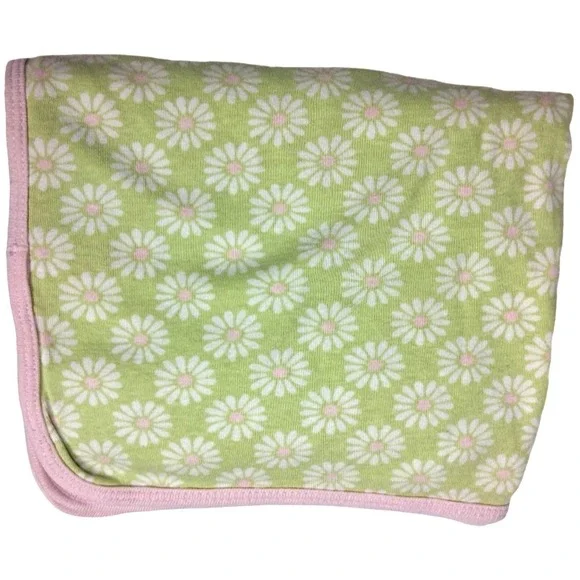 Carter's Green Pink Daisy Flower Cotton Baby Girl Blanket Jersey Knit Stretchy