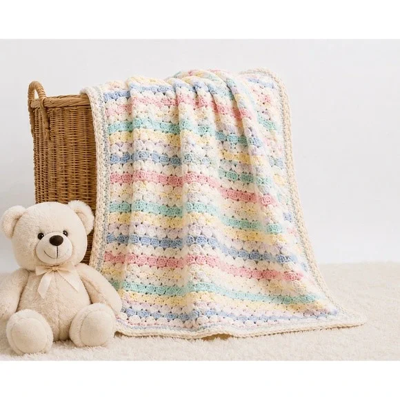 VTG 80s Handmade Crochet Baby Blanket Pastel Rainbow Stripe Shell Stitch Afghan