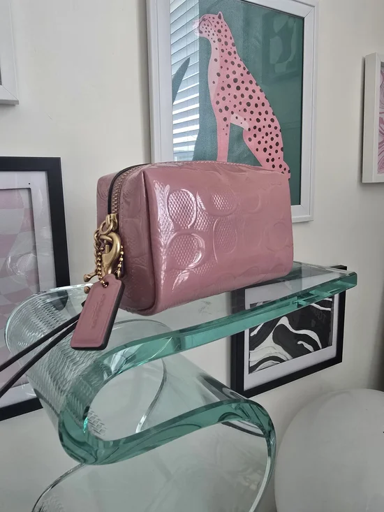 Authentic Coach Pink Leather Cosmetic Pouch With Charm