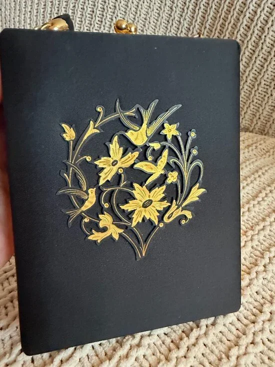 Vintage Black Vanity Compact Purse Mirror Powder Case Floral Bird Gold Tone