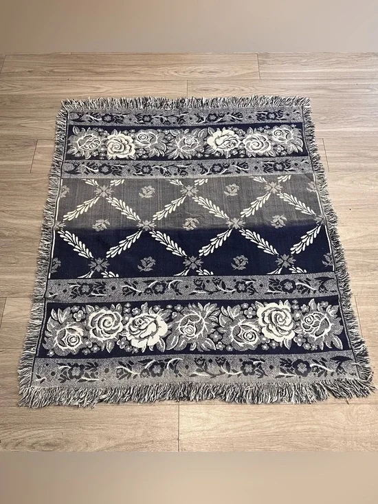 Vintage Woven Floral Tapestry Throw Blanket Fringed Blue Cottagecore