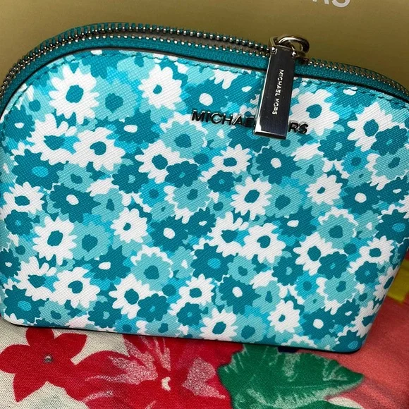 Michael Kors Turquoise Teal Floral Cosmetic Pouch