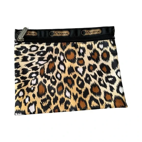 LeSportsac Leopard Print Nylon Zippered Pouch Cosmetic Makeup Travel Bag