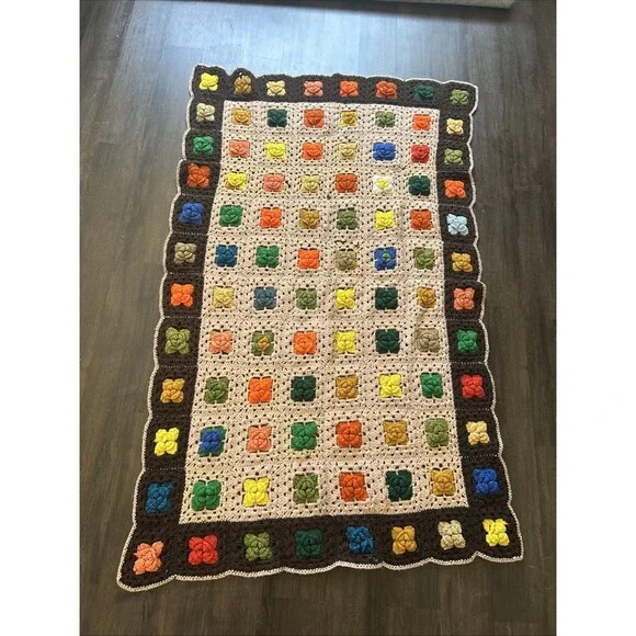 Vtg Granny Square Crochet Afghan 3d Flowers Multicolor 50x80 Handmade *Project