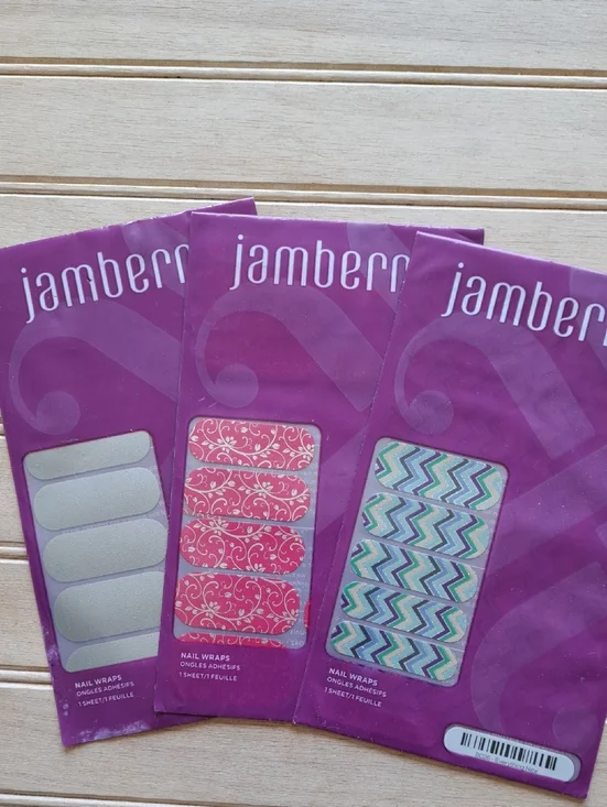 Jamberry Nail Wraps Set of 3 New Sealed Nail Stickers Pink Chevron Glitter