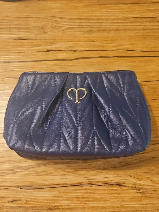 Cle De Peau Quilted Navy Leather Cosmetic Makeup Bag Case with Gold Logo