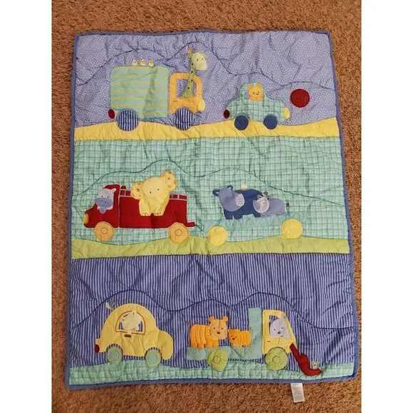 Vintage Just‎ One Carters Baby Blanket Quilt Animals And Trucks Safari Boys Blue