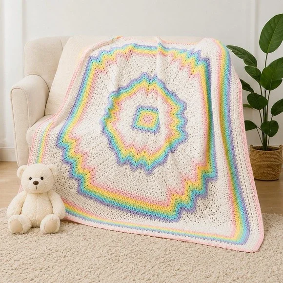 VTG 80s Handmade Crochet Rainbow Pastel Baby Blanket Starburst Afghan 36x36