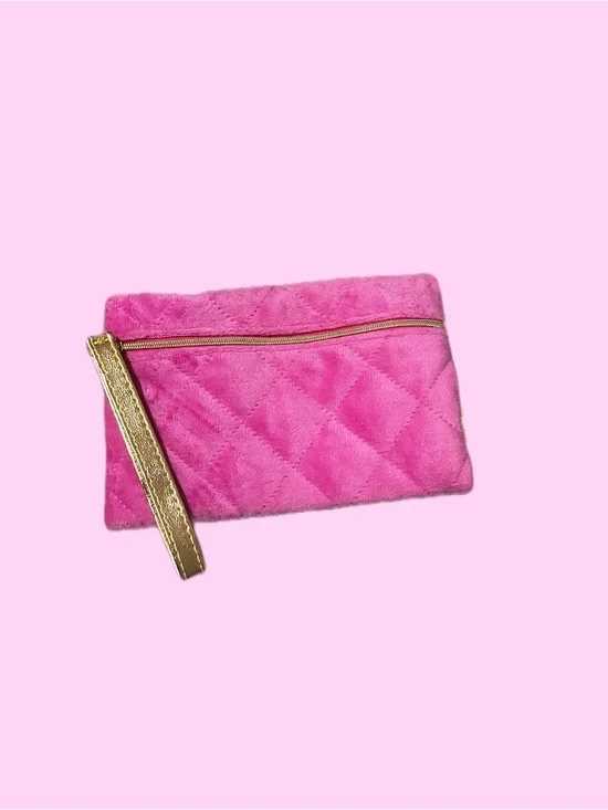 Plush Quilted Pink Wristlet Clutch with Gold Accent