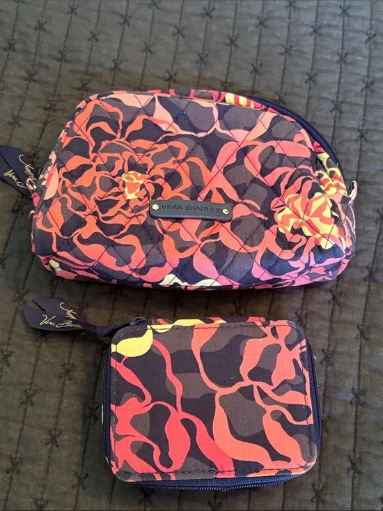 Vera Bradley Pink Navy Floral Quilted Cosmetic Pouch Duo