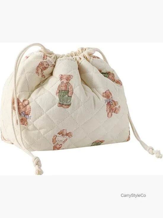 Quilted Drawstring Makeup Bag with Canvas Lining Cotton Travel Toiletry