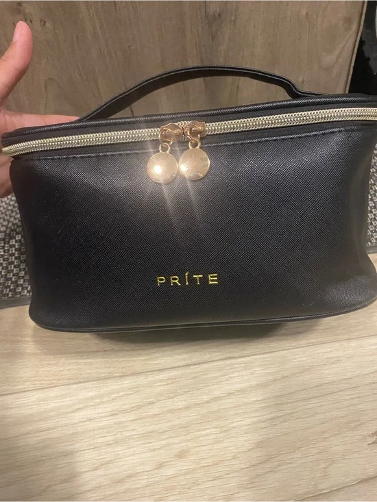 Black Top-Handle Cosmetic Bag with Gold Accents