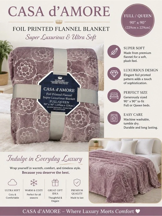 🩷. 9000. Foil Printed Flannel Blanket - Dusty Mauve (Full/Queen)
