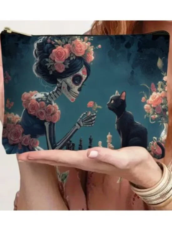 “Dia de los Muertos Day of the‎ Dead Skeleton w/Black Cat” Cosmetic Bag (NEW!)