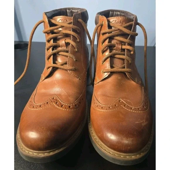 Clarks Men's Curington Rise Brown Leather Wingtip Boots Lace-Up Ankle Round Toe