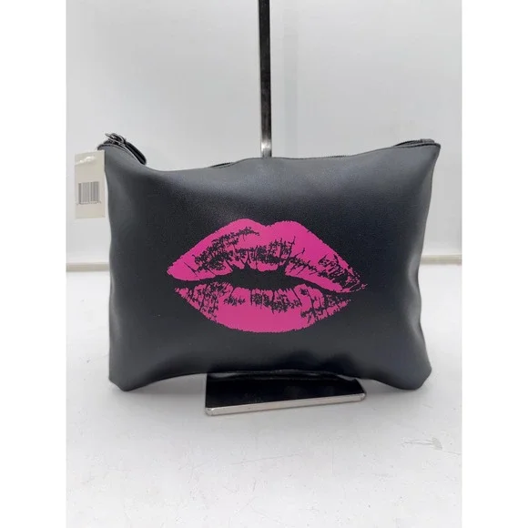 Bloomingdales Pink Lips Black Faux Leather Cosmetic Makeup Bag Pouch New
