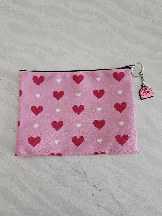 Pink Heart Print Cosmetic Pouch With Bag Charm