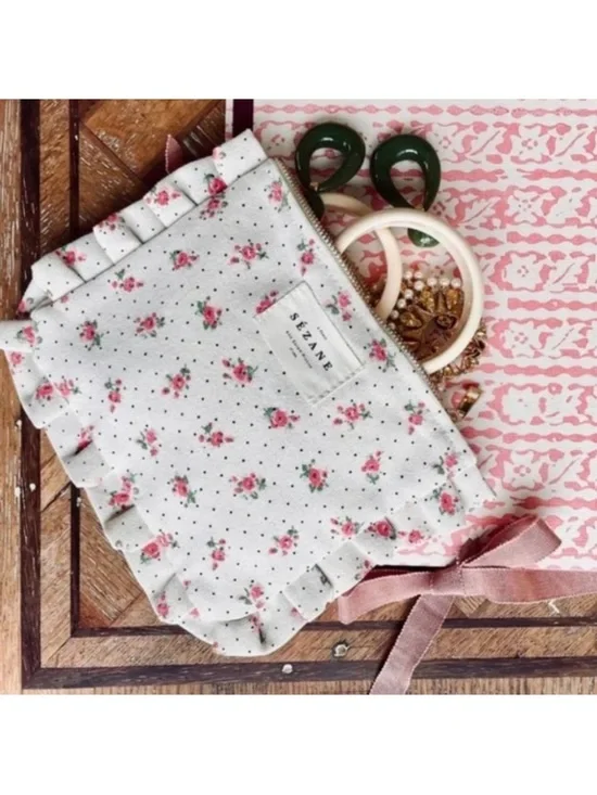 Sezane Froufrous Floral Pouch Ruffle Travel Ditsy Cosmetic Bag Makeup Cream Pink