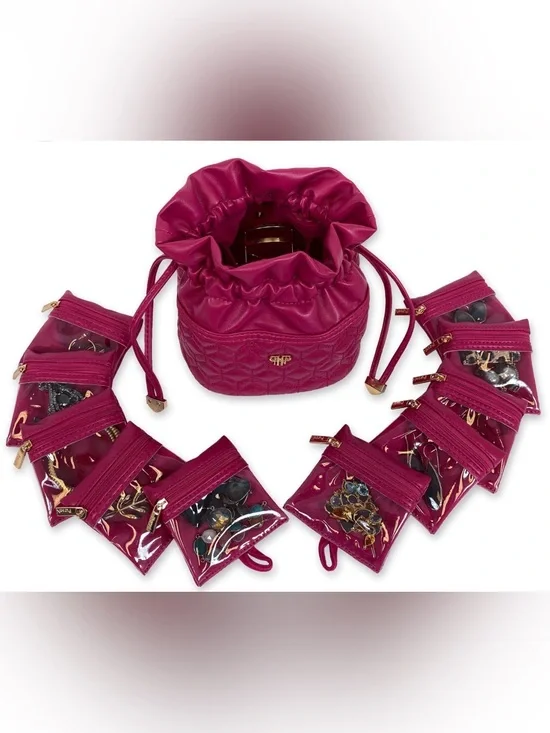 Fuchsia Drawstring Cosmetic Bag Set - Unbranded