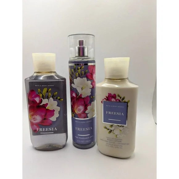 Bath & Body Works Freesia 3 Piece Set Body Mist Fragrance Spray Lotion Body Wash