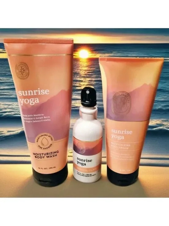 SUNRISE YOGA MOISTURIZING BODY WASH, BODY CREAM AND OIL MIST BATH & BODY SET