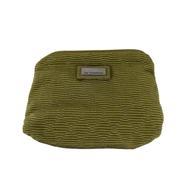Jim Thompson Cosmetic Makeup Bag‎ Womens Green Pleated Fabric Zip Pouch Textured