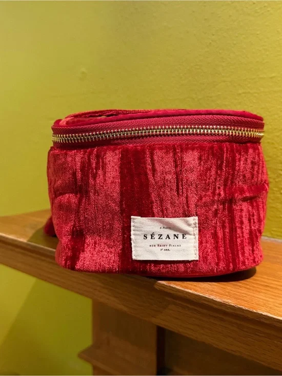 Sézane Red Velvet Zip Cosmetic Pouch