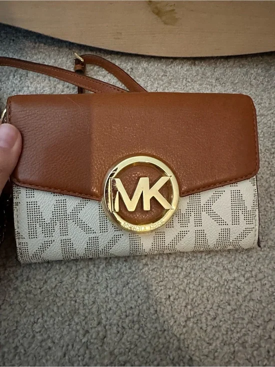 Michael Kors Brown Leather & Cream MK Logo Crossbody Wallet with Gold Logo