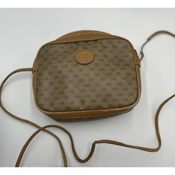 GUCCI Vintage Micro GG Tan Brown Canvas Shoulder Bag PVC‎ Leather Crossbody