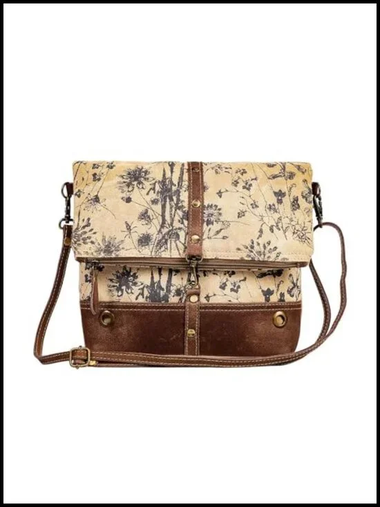 Upcycled Canvas & Leather Crossbody Bag with Floral Pattern