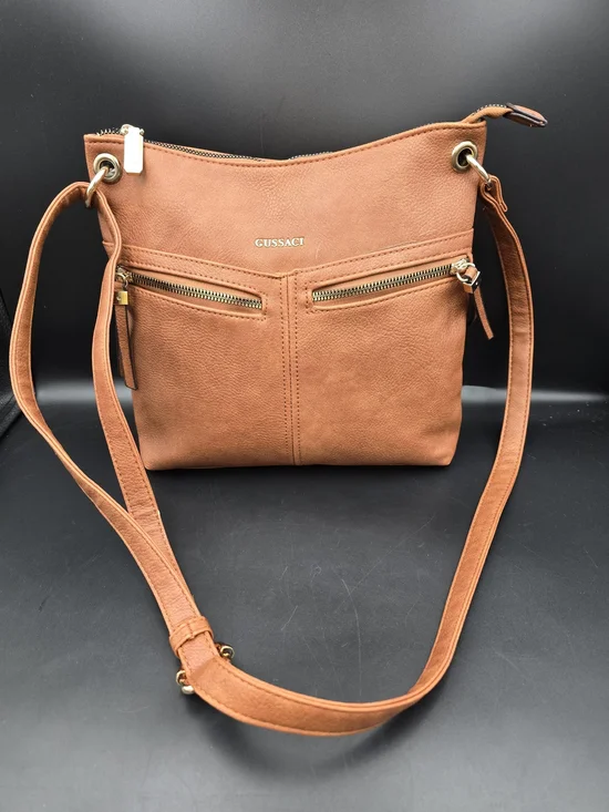 Gussaci Tan Leather-Look Crossbody Bag with Front Zip Pockets
