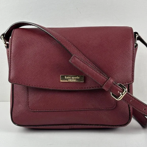 Kate Spade Saffiano Leather Crossbody‎ Bag Womens Medium Burgundy Flap Logo