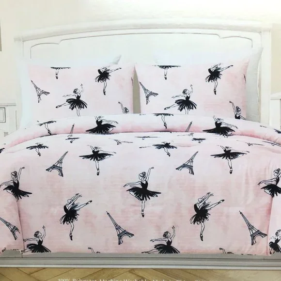 2pc Nicole Miller Ballerina Eiffel Tower Twin Comforter Set Paris Black Ballet