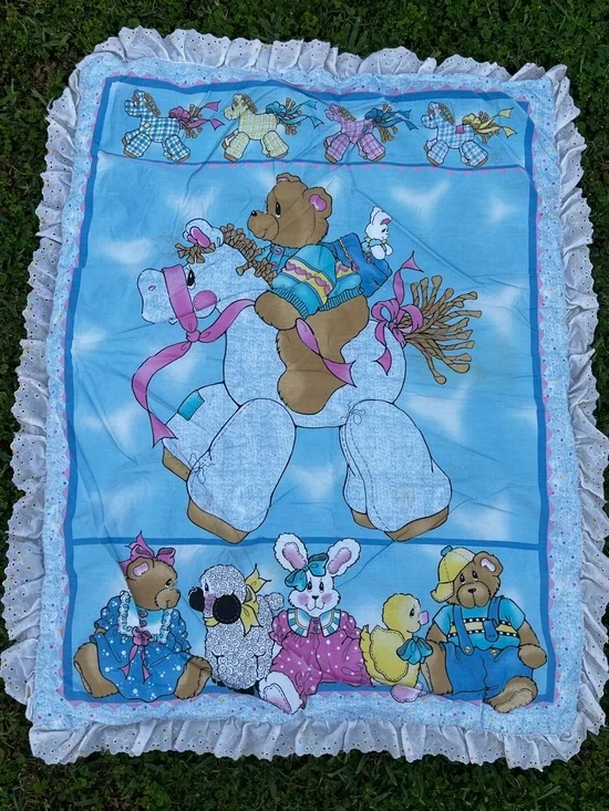 VTG Horse Teddy Bear Animal Friends Puffy Baby Blanket Comforter Crib Bedding