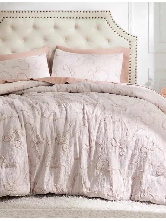 Blush Pink Quilted FULL Comforter Set - Elegant Bow Stitching NIB