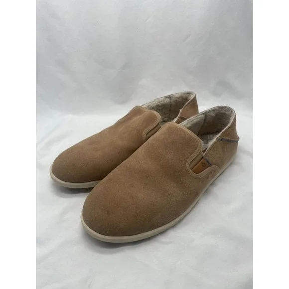 Olukai Shoes Mens 12 Hele Malie Tan Leather‎ Suede Wool Lining